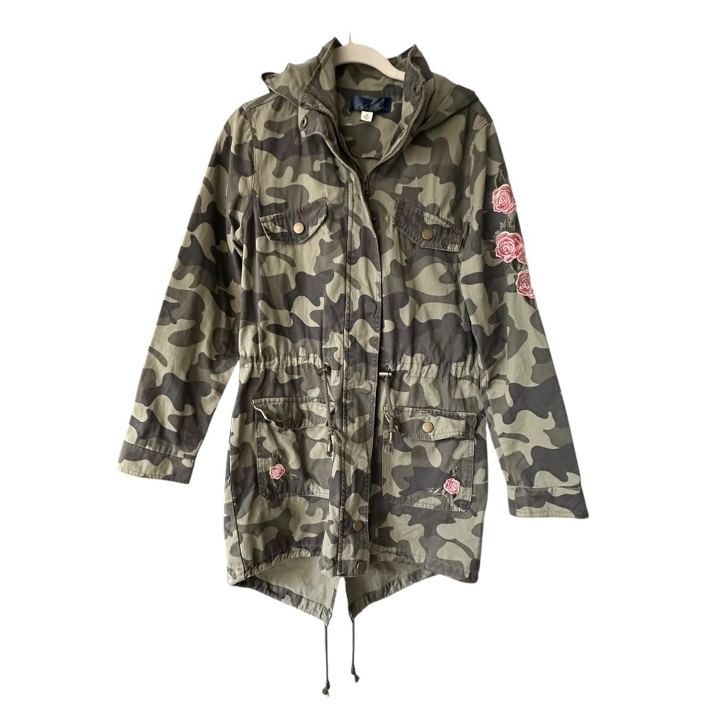 Blue Rain Camouflage Utility Cargo Jacket Pink Floral Embroidery Accent Size Med - Picture 16 of 16